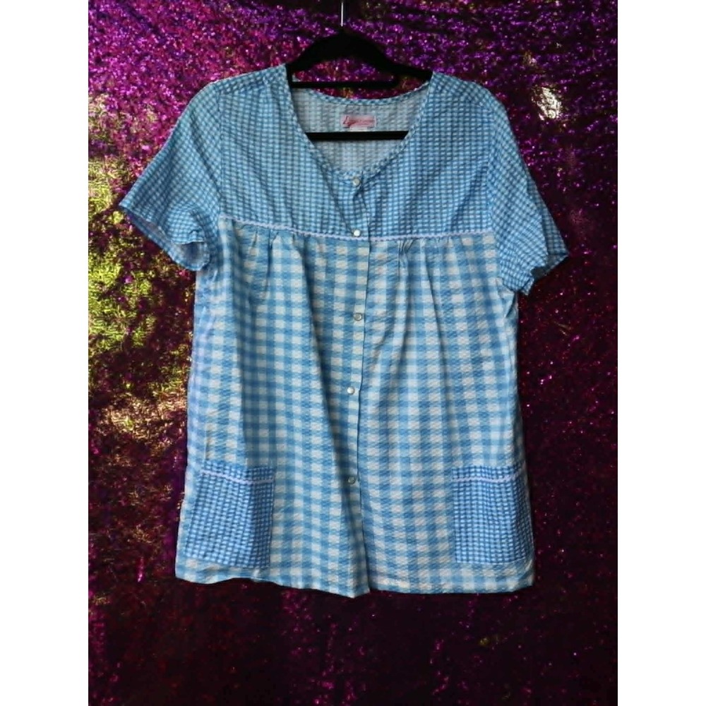 Blue Gingham Seersucker Snap Front House Coat XL Tati Fashion Women Short Sleeve